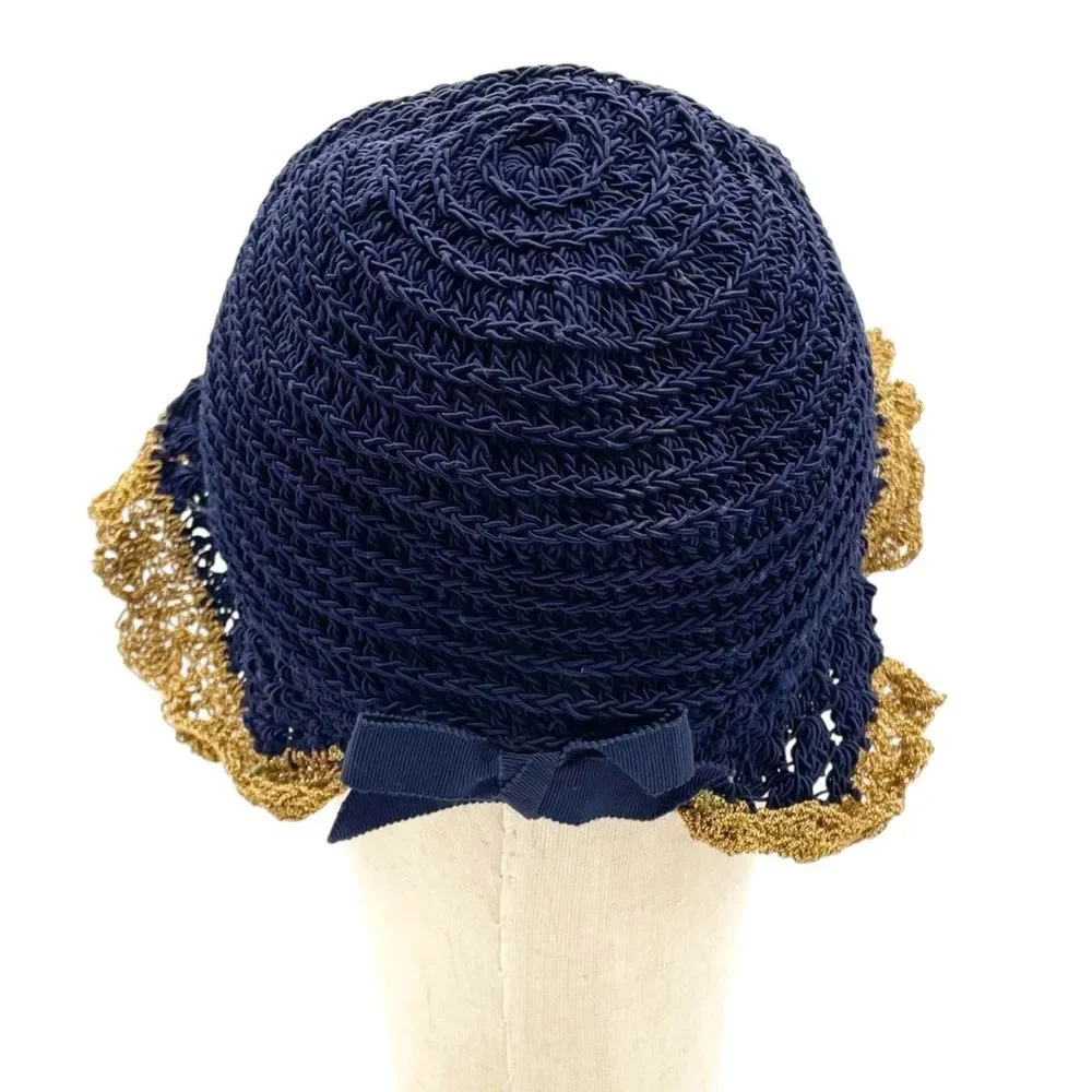 Vintage 1930s Navy Crochet Cloche Hat Gold Lace Trim Ribbon Bow Women’s One Size - Picture 7 of 14